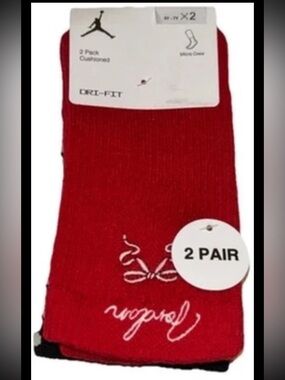 Nike Jumpman Kids Crew Socks 2 Pair Youth 5Y-7Y Red Black w Jordan Logo Cushion